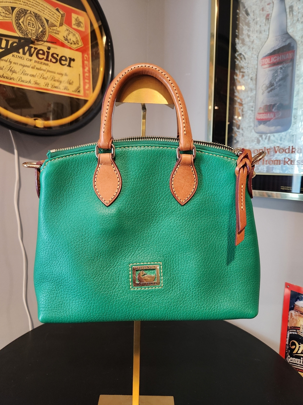 Dooney & Bourke Emerald Green Leather Satchel with Tan Trim